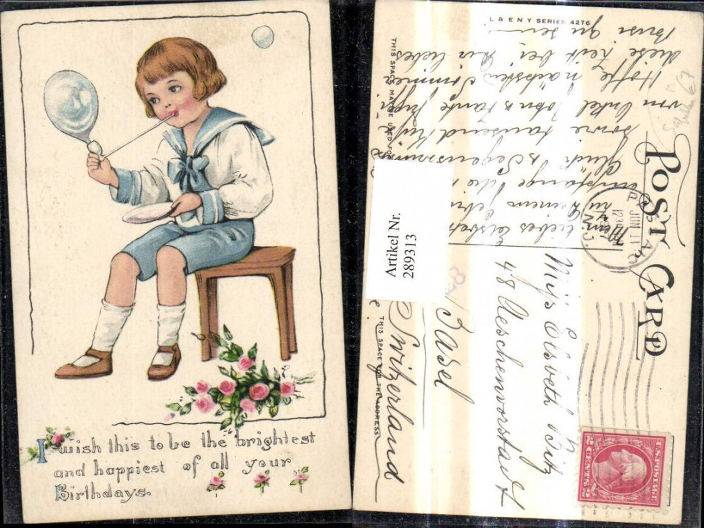 289313,Künstler Ak Kind Junge Bub Matrosenanzug Uniform Seifenblasen Rosen Blumen Spruch