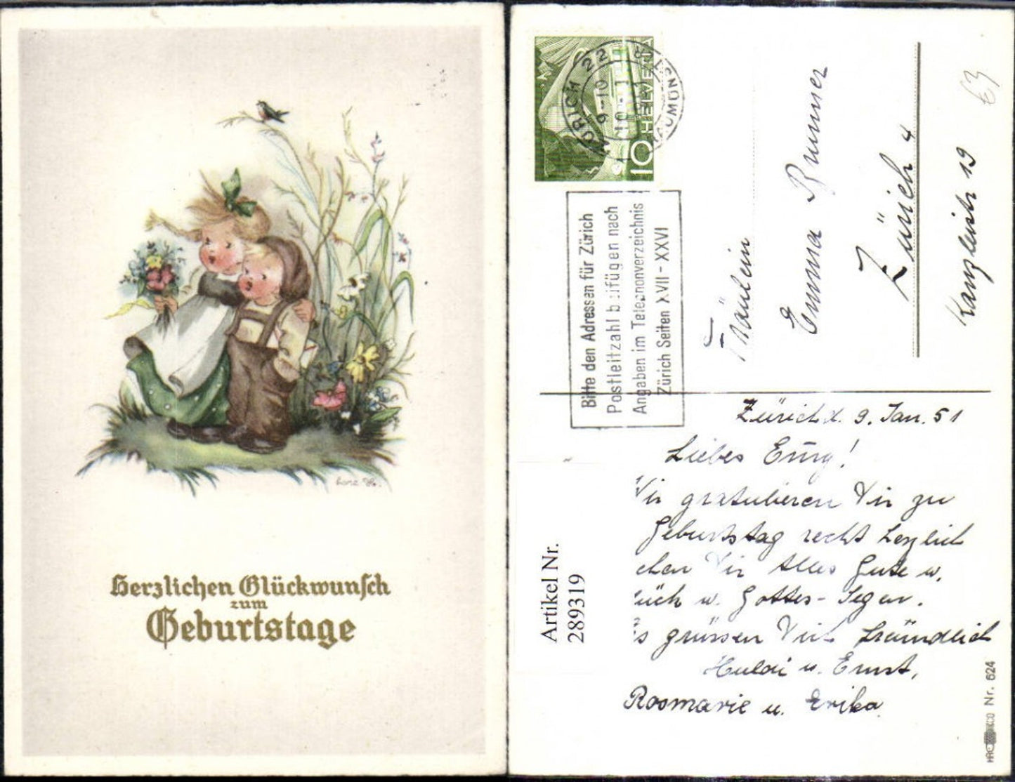 289319,Künstler Ak Kinder Umarmung Blumenstrauß Brief Vogel Geburtstag