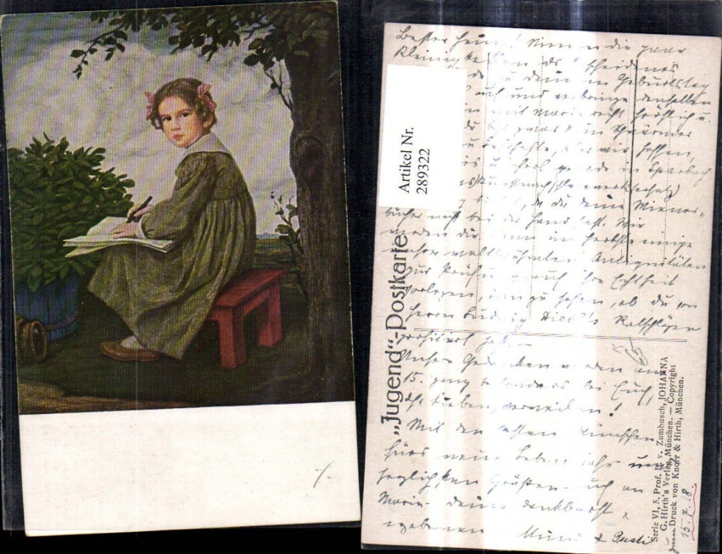 289322,Künstler Ak L. v. Zumbusch Johanna Kind Mädchen b. Schreiben Buch unter Baum