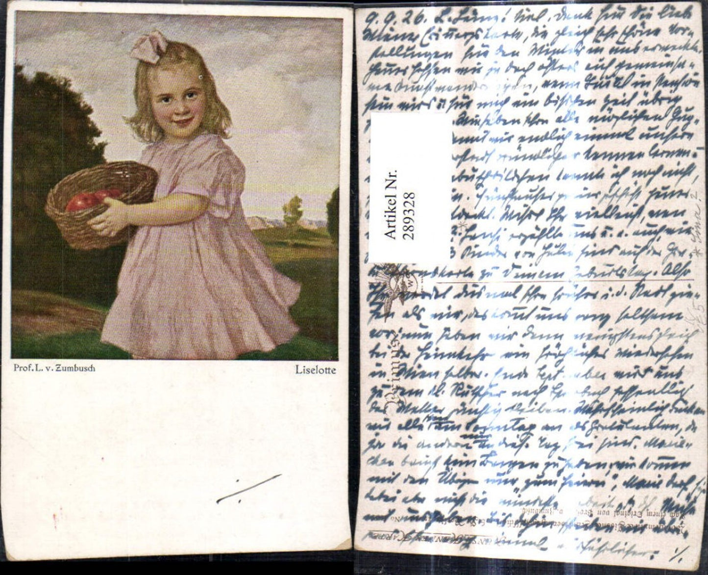 289328,Künstler Ak L. v. Zumbusch Liselotte Kind Mädchen Haarschleife Korb m. Äpfel pub Primus