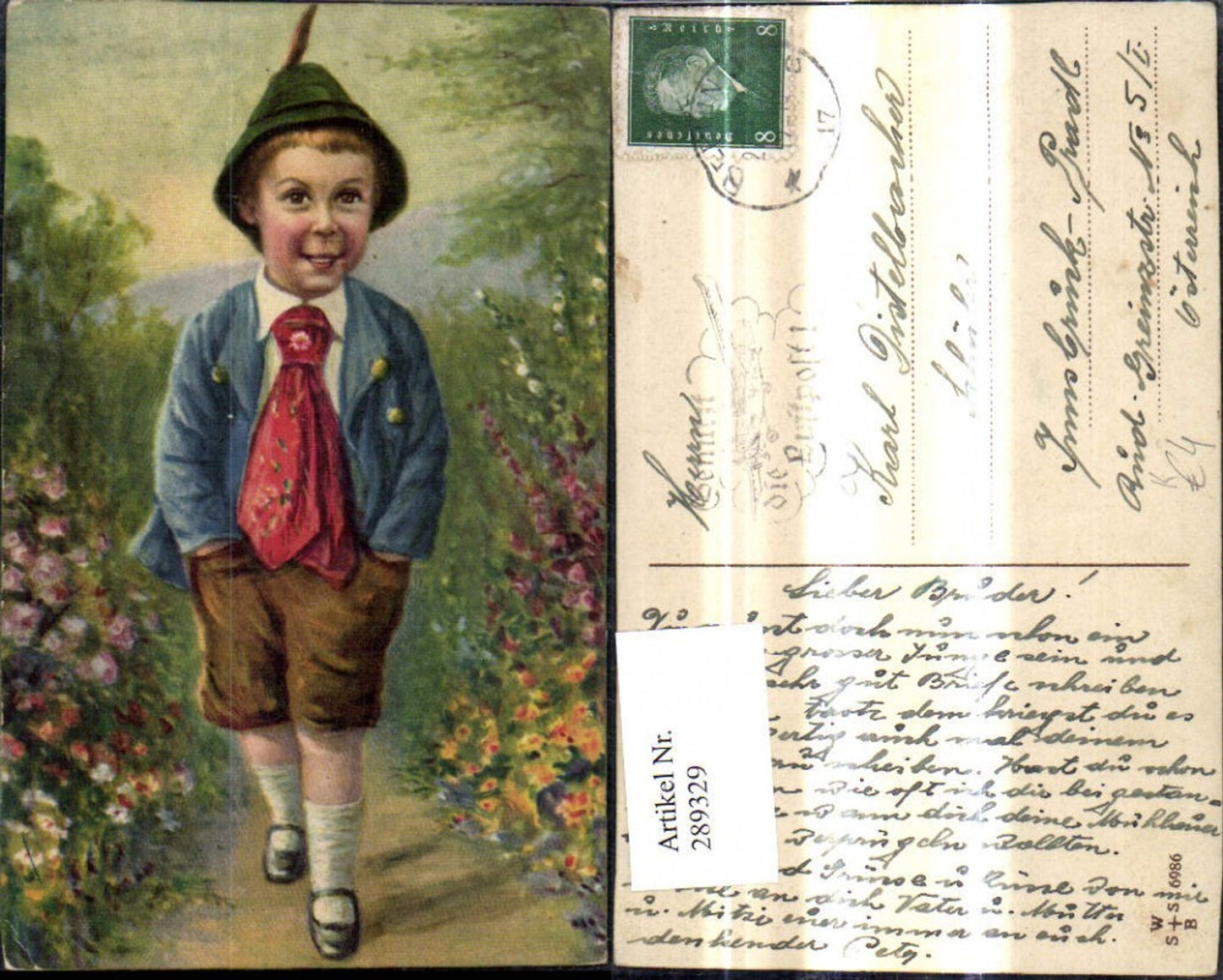 289329,Künstler Ak Kind Bub Junge i. Tracht Hut Federhut Blumen