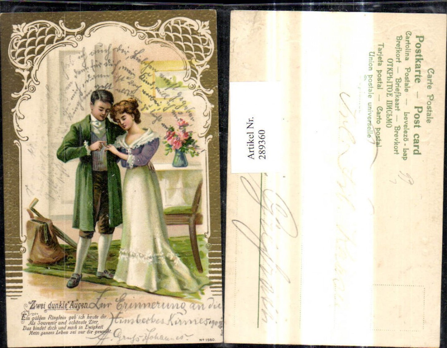 289360,Präge Litho Liebe Mann steckt Frau Ring a. Finger Antrag Spruch