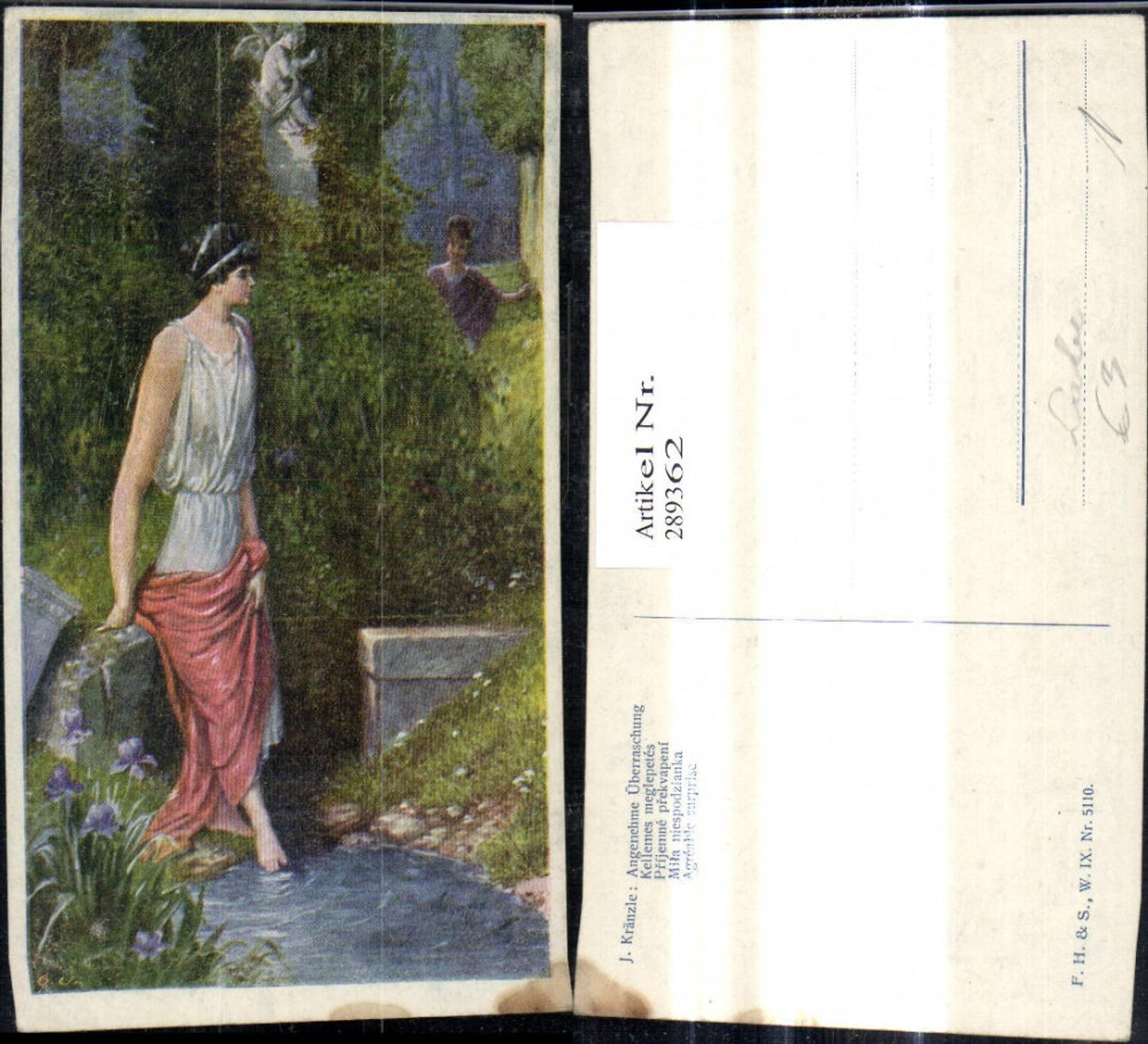 289362,Künstler Ak J. Kränzle Angenehme Überraschung Frau b. Bach Mann hinter Strauch Liebe