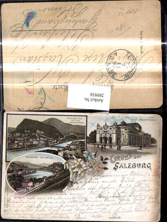 289938,Litho Salzburg m. d. Kapuzinerberg u. vom Mülln Stadttheater Theater Edelweiß 1895