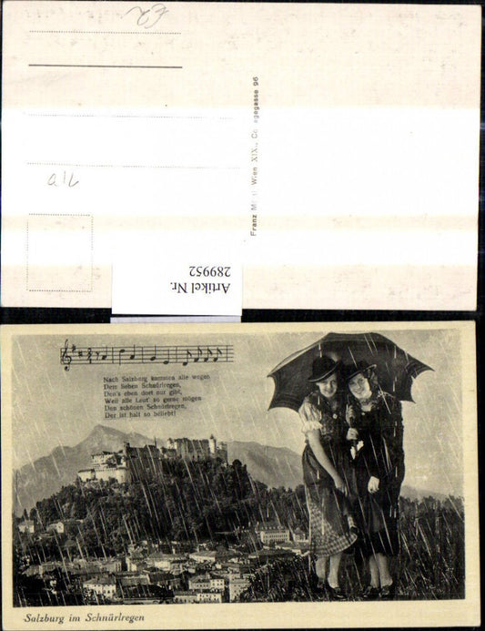 289952,Fotomontage Salzburg i. Schnürlregen Liedtext Frauen Tracht Regenschirm Regen