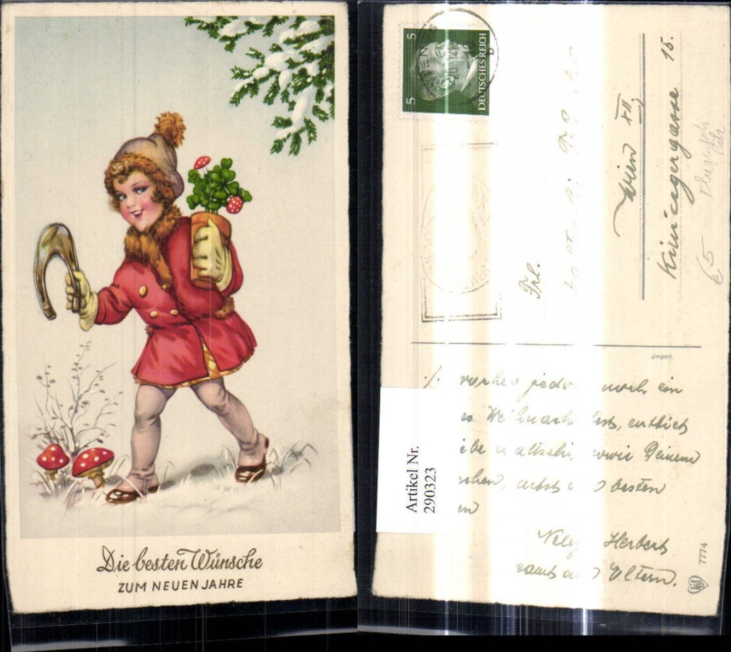 290323,Künstler Ak Neujahr Mädchen m. Hufeisen Topf Klee Kleeblätter Fliegenpilze Pilze