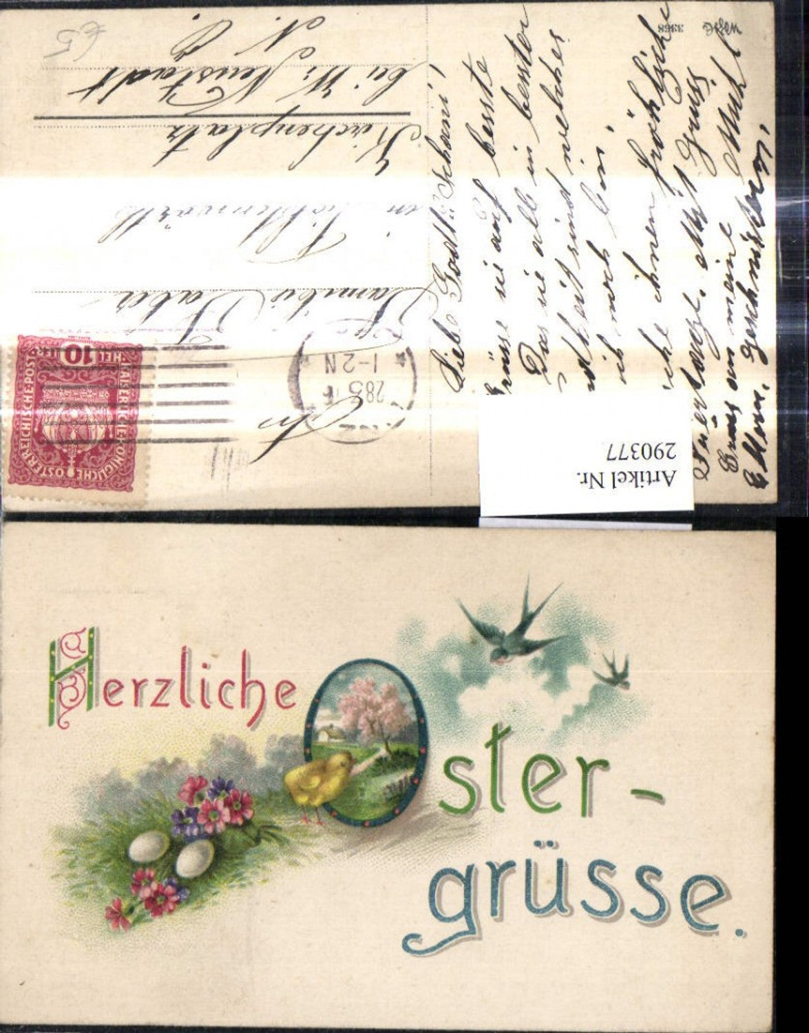 290377, Artist AK Easter Chicks Swallows Easter Eggs Eggs Flowers House Landscape Passepartout