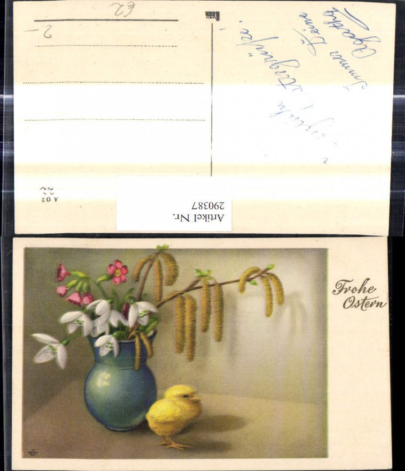 290387, Artist Ak Easter Vase with flowers Snowdrops Pussy willows Primroses Chicks