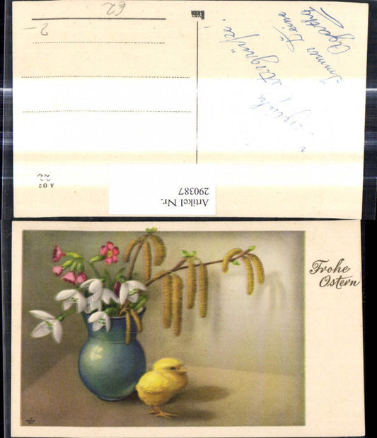 290387, Artist Ak Easter Vase with flowers Snowdrops Pussy willows Primroses Chicks