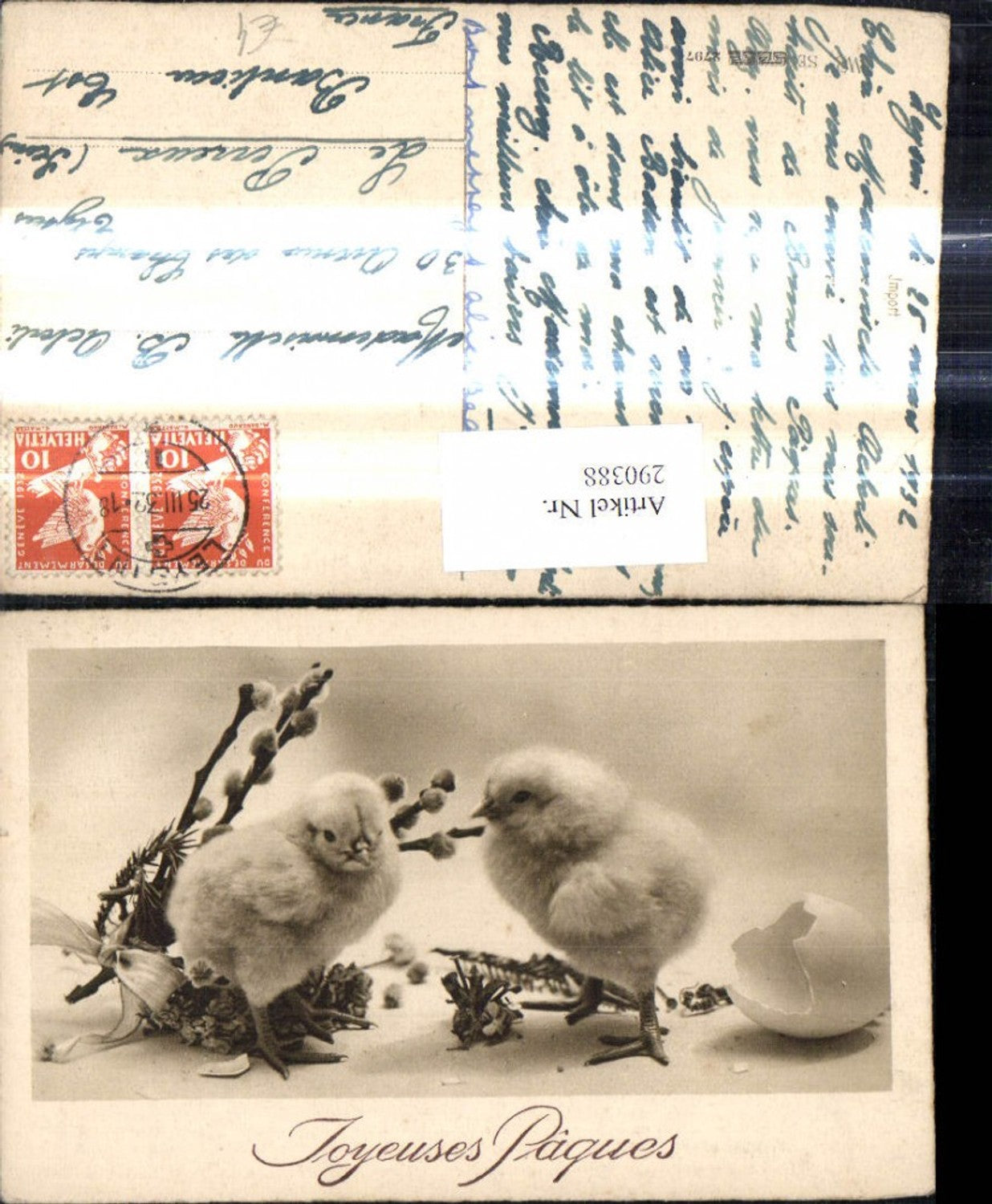 290388, Photo Ak Easter chick pussy willow bouquet bow eggshell