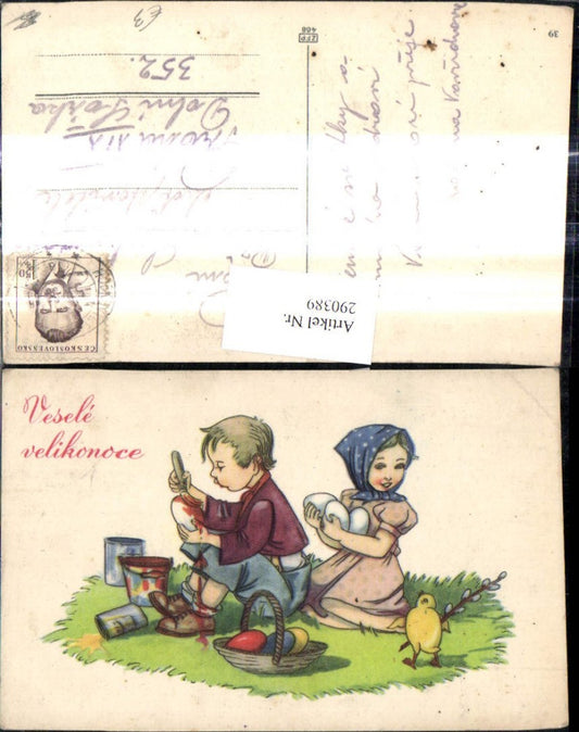 290389, Artist Ak Easter Children painting Easter eggs Eggs Chicks Basket Vesele velikonoce