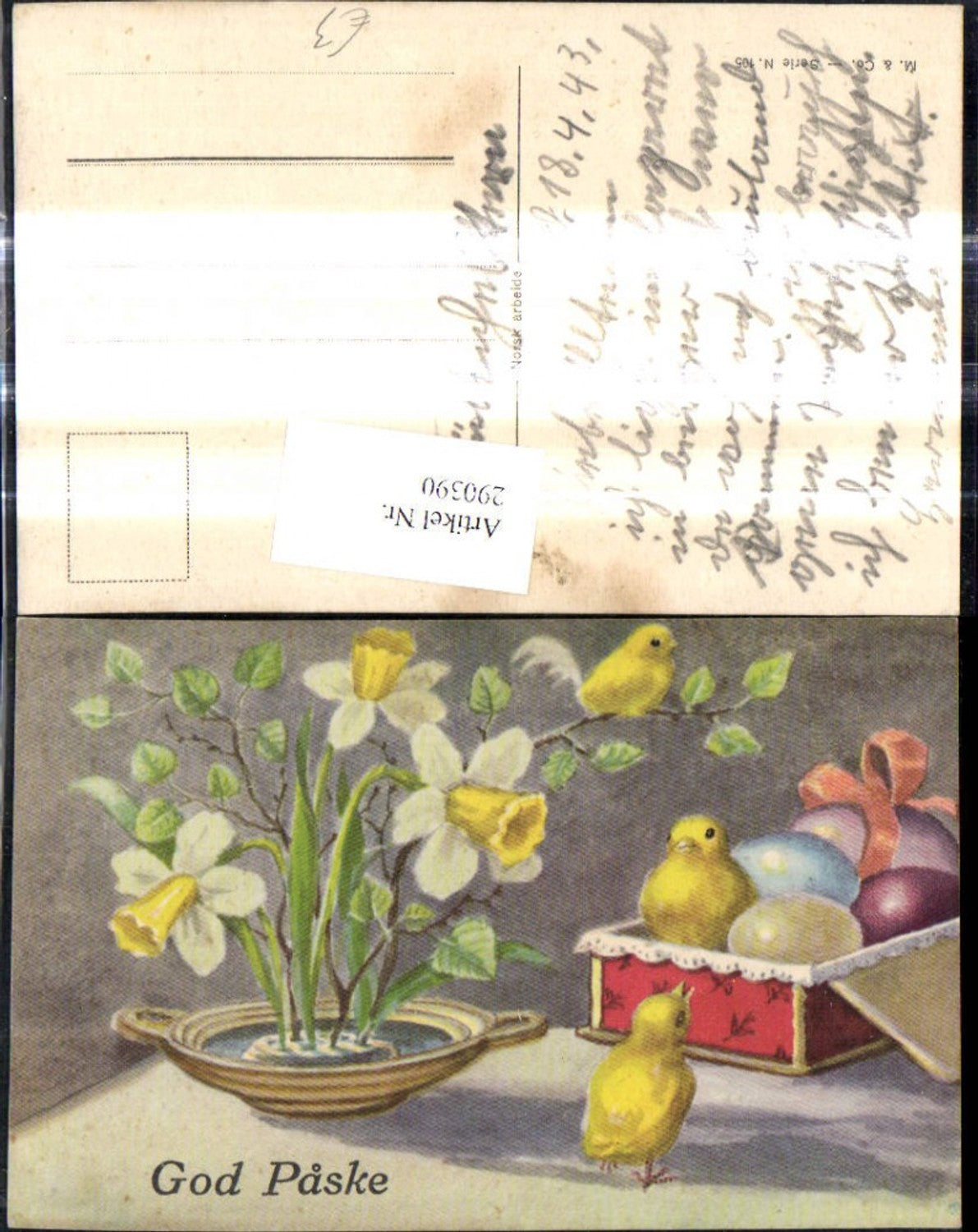 290390, Artist Ak Easter Bowl with Flowers Daffodils Birch Branch Chicks Box Easter Eggs Eggs God Paske