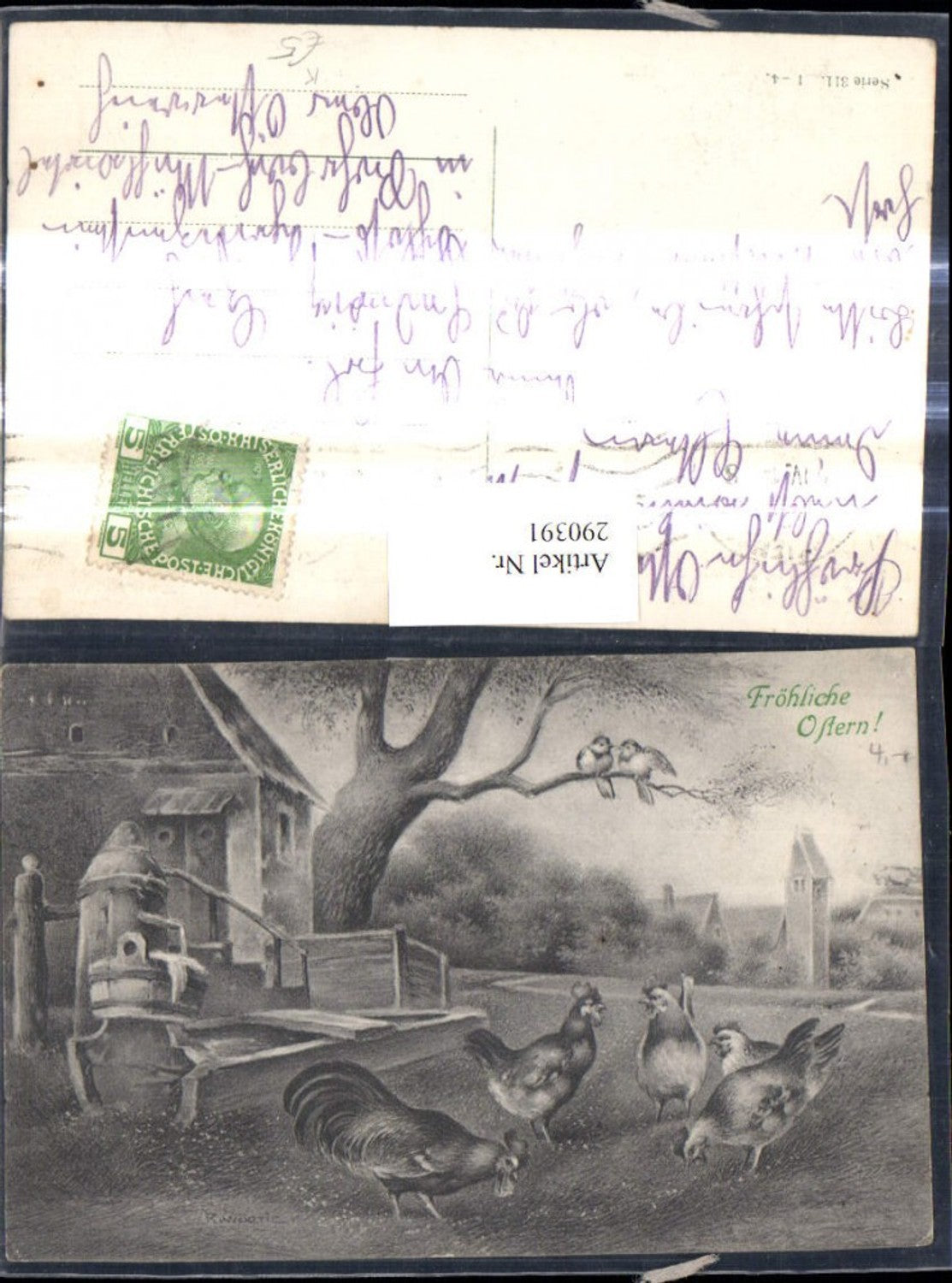 290391, Artist Ak Easter R. Wörtic Rooster Chickens Fountain House Birds