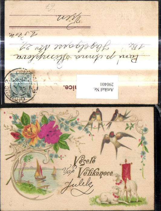 290401, Embosser Lithograph Easter Silk Flowers Swallows Sailboat Lamb Flowers Church Banner