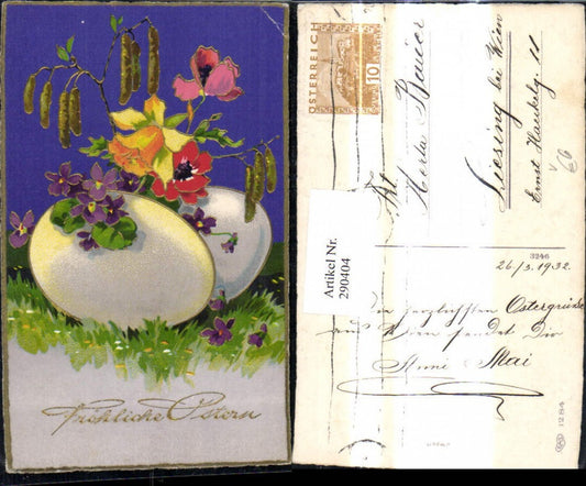 290404,Präge Ak Ostern Eier Ostereier Blumen Narzissen Weidenkätzchen Goldverzierung pub EAS 1284