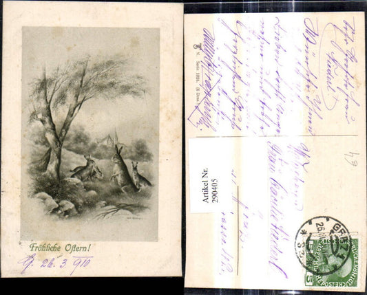 290405,Künstler Ak Ostern Hasenfamilie Hasen Baum Kirche Dorf i. Hintergrund Passepartout