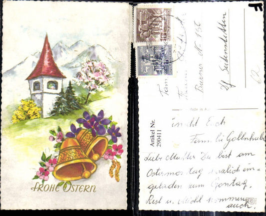 290411,Künstler Ak Ostern Martel Glocken Blumen Bergkulisse