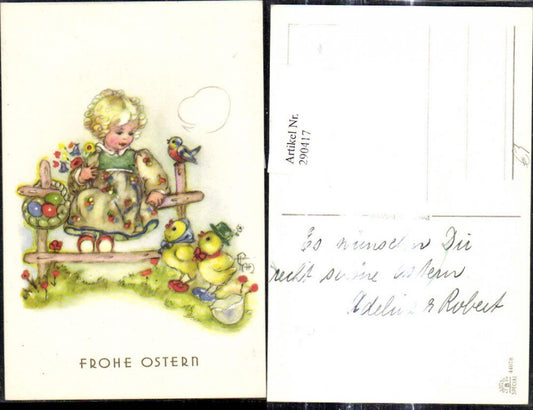 290417,Künstler Ak Ostern Süsses Mädchen sitzt a. Zaun Küken Vogel Ostereier Eier Blumen