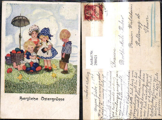 290421,Künstler Ak Ostern Kinder Korb Ostereier Eier Küken Schirm Matrosenanzug