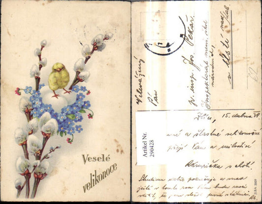 290428,Ostern Küken a. Ostereier Eier Vergissmeinnicht Blumen Palmkätzchen Zweige