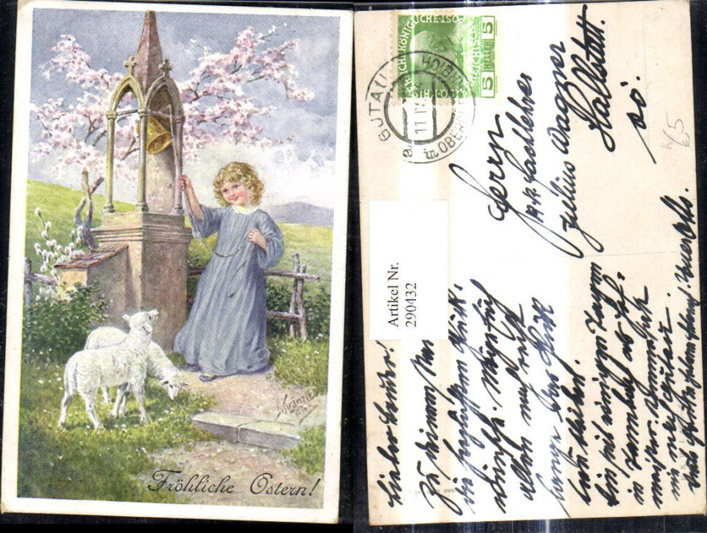 290432,Künstler Ak J. Kränzle Ostern Mädchen läutet Glocke Lamm Lämmer Landschaft