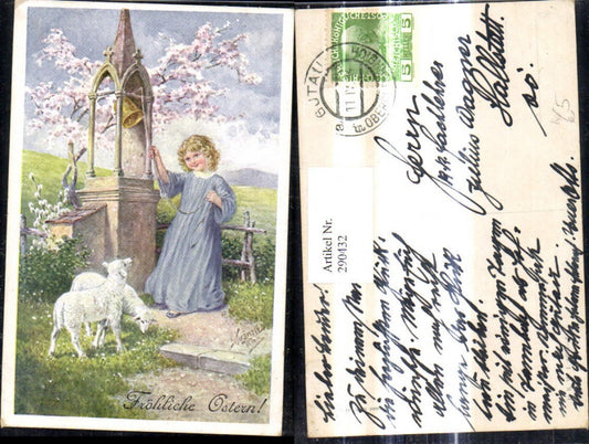 290432,Künstler Ak J. Kränzle Ostern Mädchen läutet Glocke Lamm Lämmer Landschaft