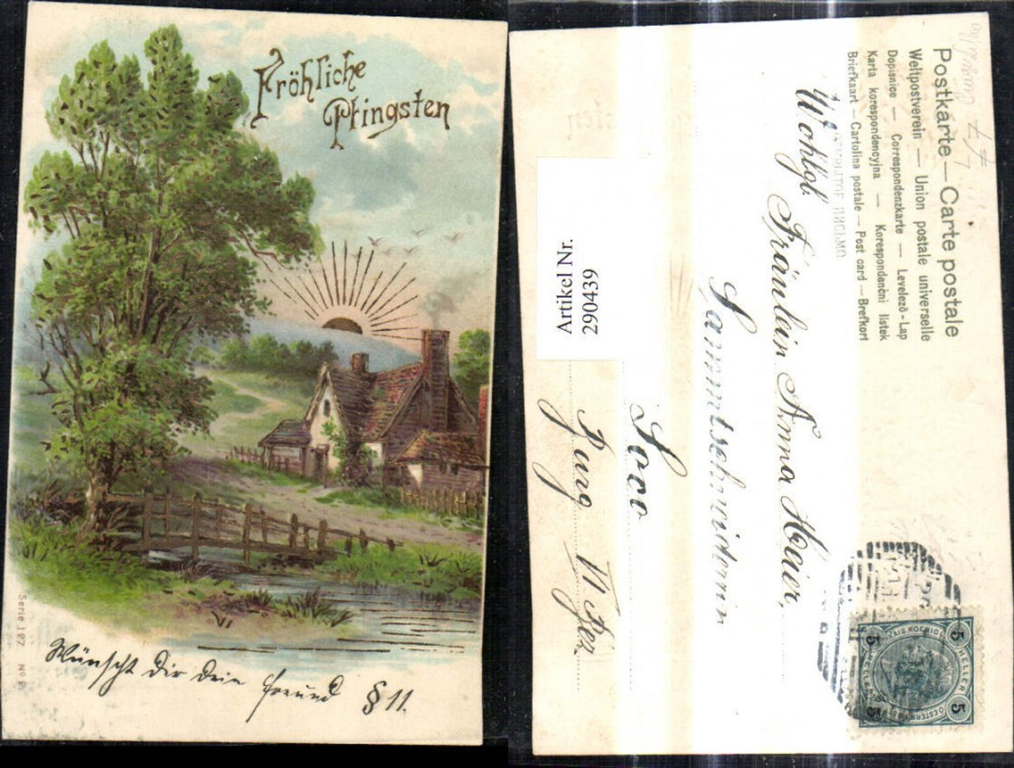 290439, embossed lithograph Pentecost house bridge tree sun on horizon gold ornamentation