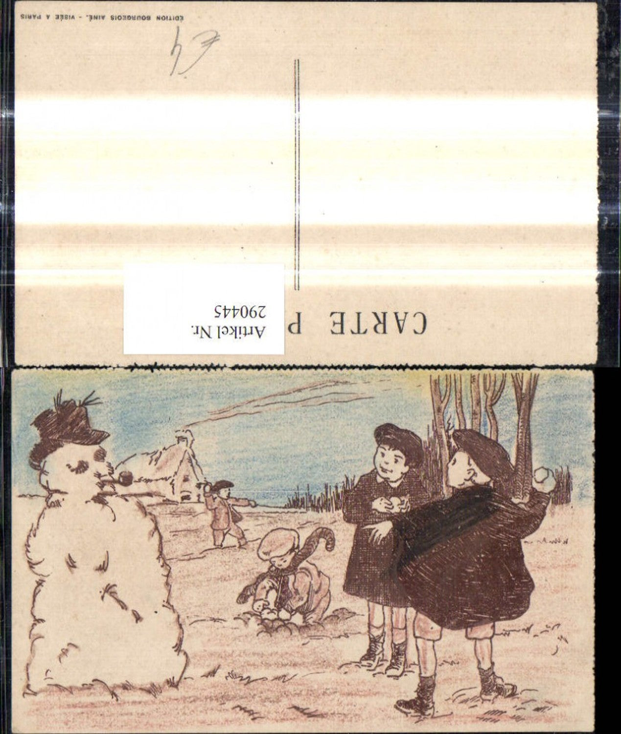 290445, Artist Ak Snowman Pipe Children Snowball Fight House Landscape