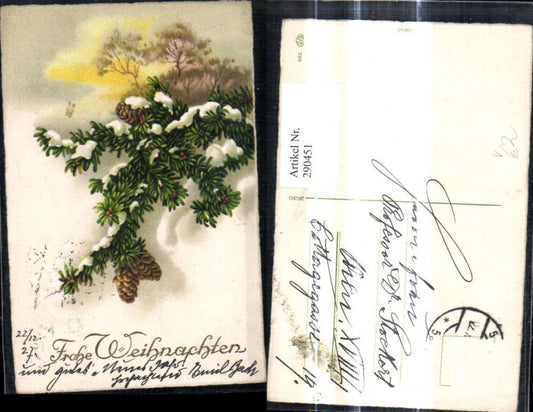 290451, Artist Ak Christmas Fir branch Cone Snow Tree in background pub EAS 789