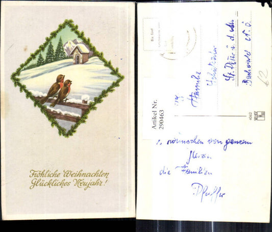 290463, Artist Ak Christmas Birds on Fence Chapel Winter Landscape Passepartout Fir Garland
