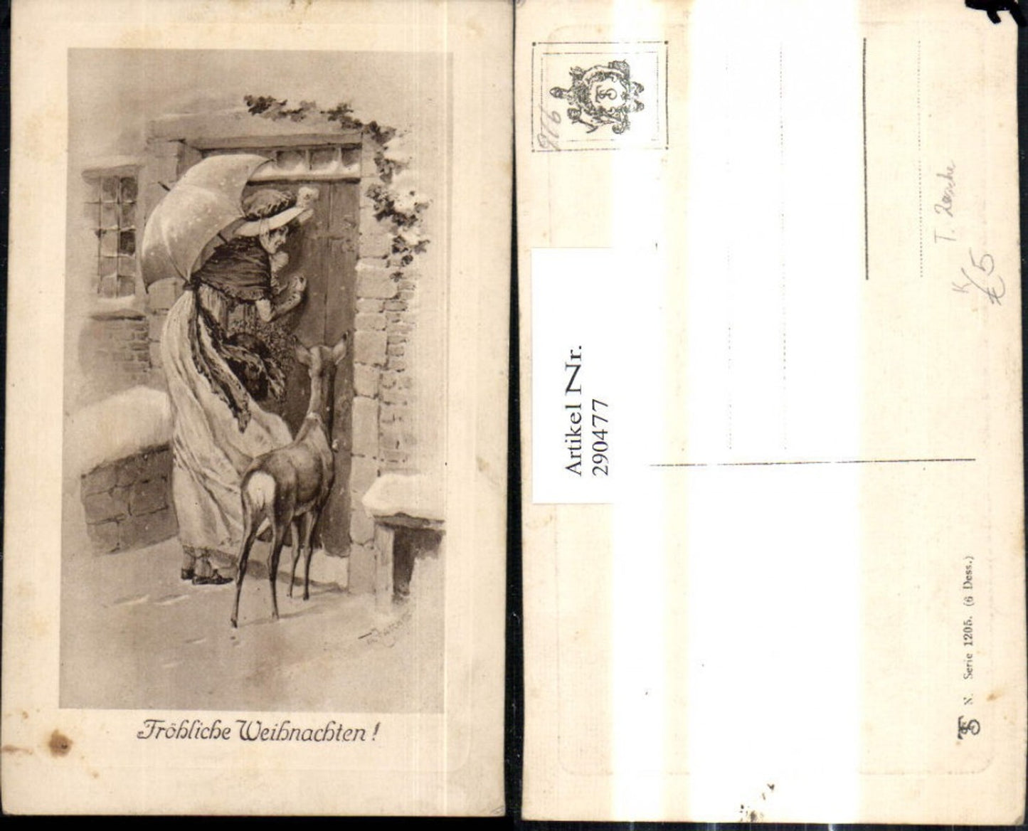 290477, Artist Ak Th. Zasche Christmas Mrs. Schirm Deer knocking at door