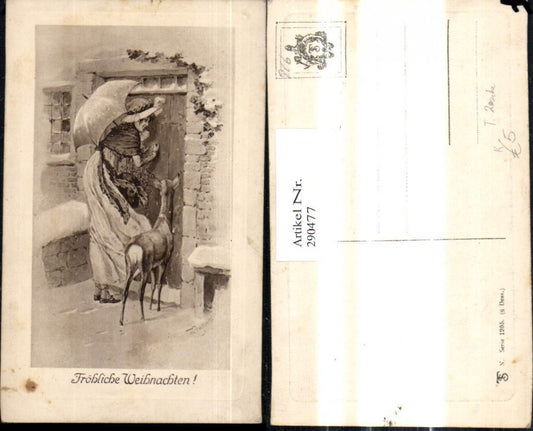 290477, Artist Ak Th. Zasche Christmas Mrs. Schirm Deer knocking at door