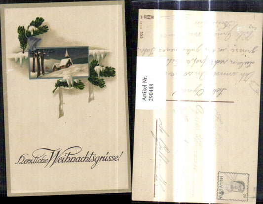 290488, Artist AK Christmas Church Winter Landscape b. Night Passepartout Fir Branch Bell Snow