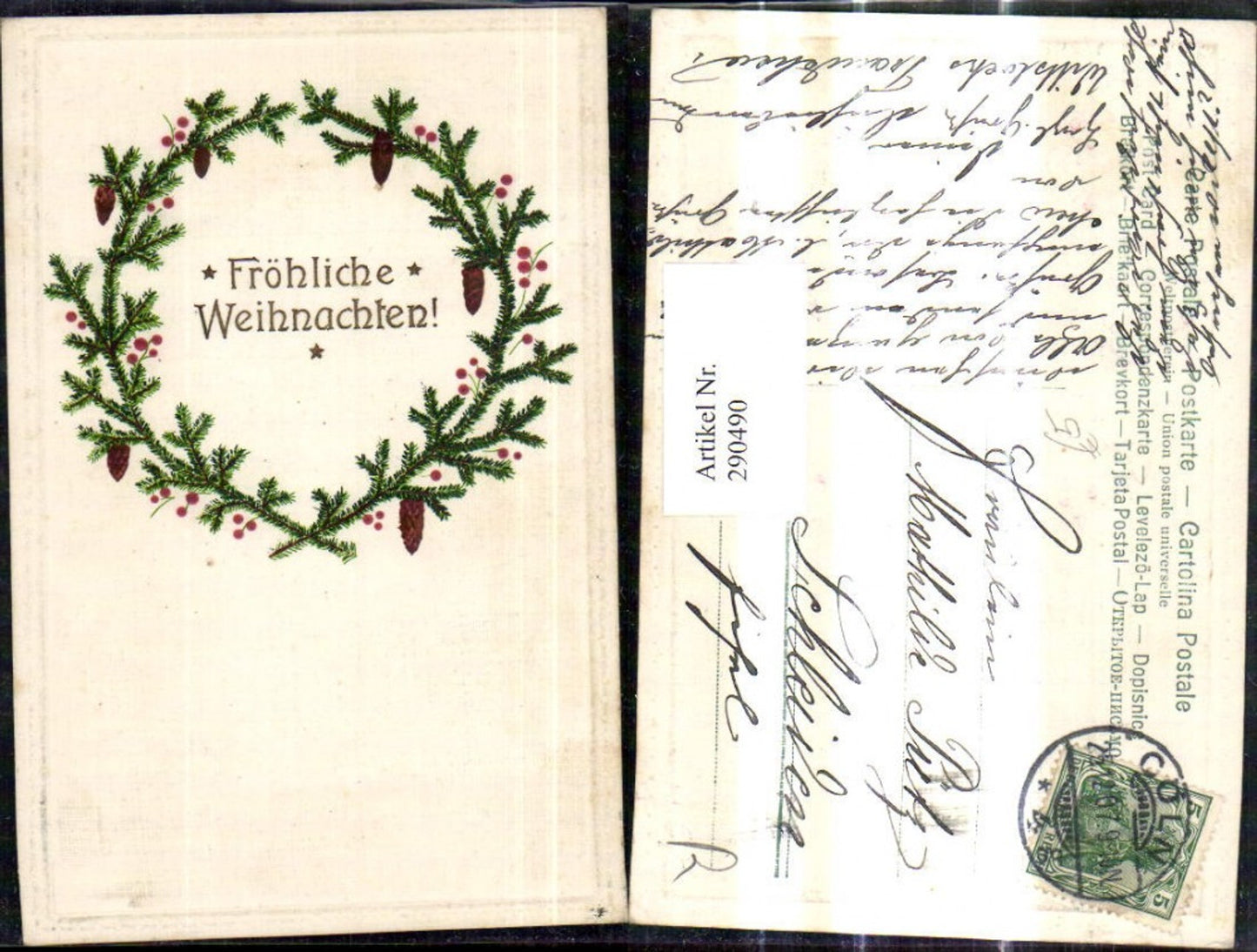 290490, Embossed Christmas wreath on fir branches, cones, berry branches, gold lettering, stars