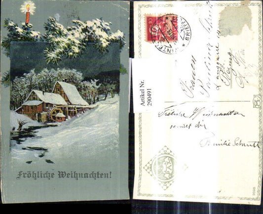 290491, Artist AK Christmas Watermill Mill Winter view at night Burning candle Fir branch