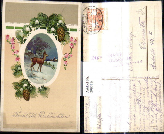 290516, Embosser Ak Christmas Deer Game Winter Village Passepartout Fir Branch Flowers