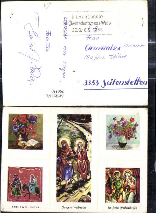 290550, Artist Ak Christmas Mary Joseph Baby Jesus Search for lodging Donkey Bouquet