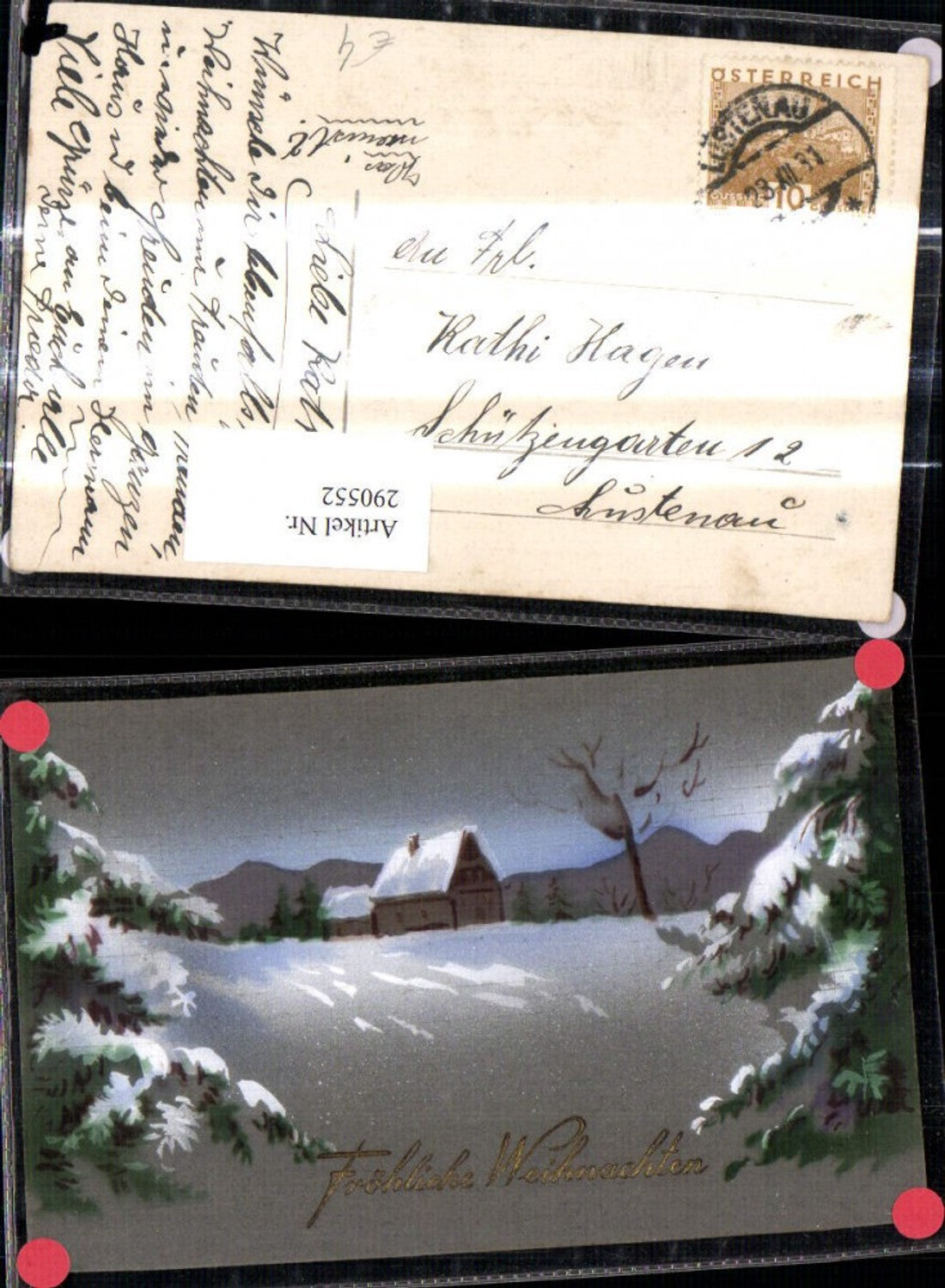 290552, Artist AK Christmas House Winter Forest Gold Lettering