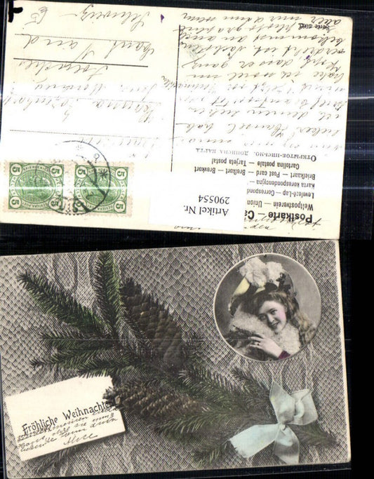 290554, Christmas Woman Hat Passepartout Fir Branch Cone Card Bow