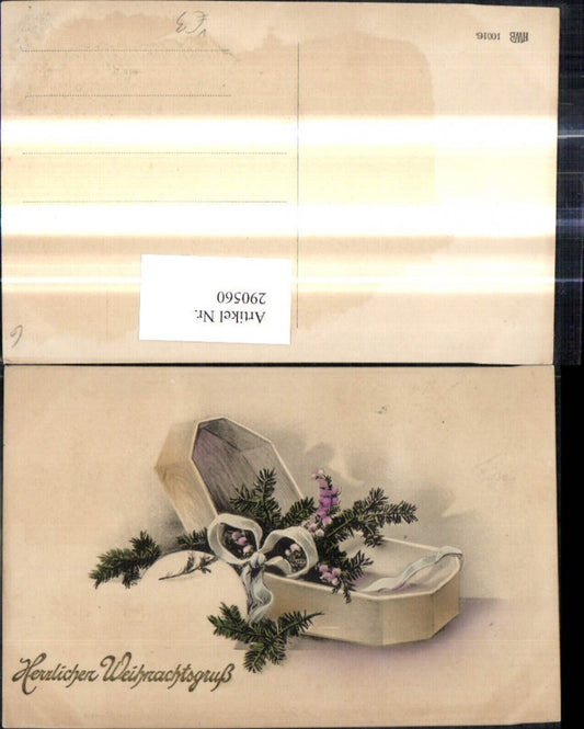 290560, Christmas box, fir branch, flowers, ribbon, gold lettering, pub HWB 10016