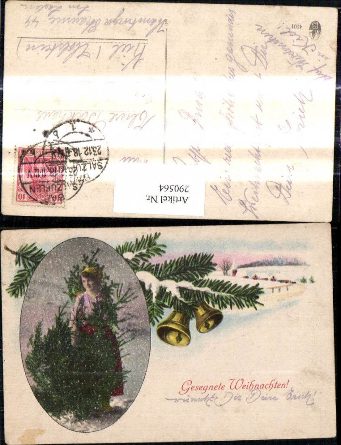 290564, Christmas, woman, Christmas tree, passe-partout, village, winter landscape, bells, fir branch