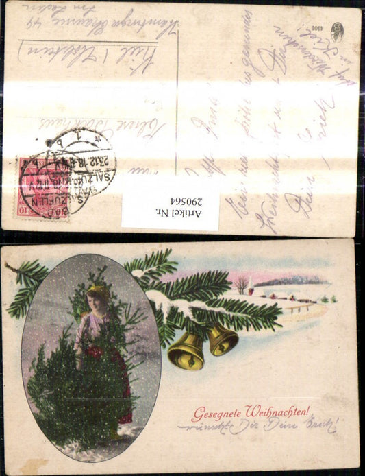 290564, Christmas, woman, Christmas tree, passe-partout, village, winter landscape, bells, fir branch