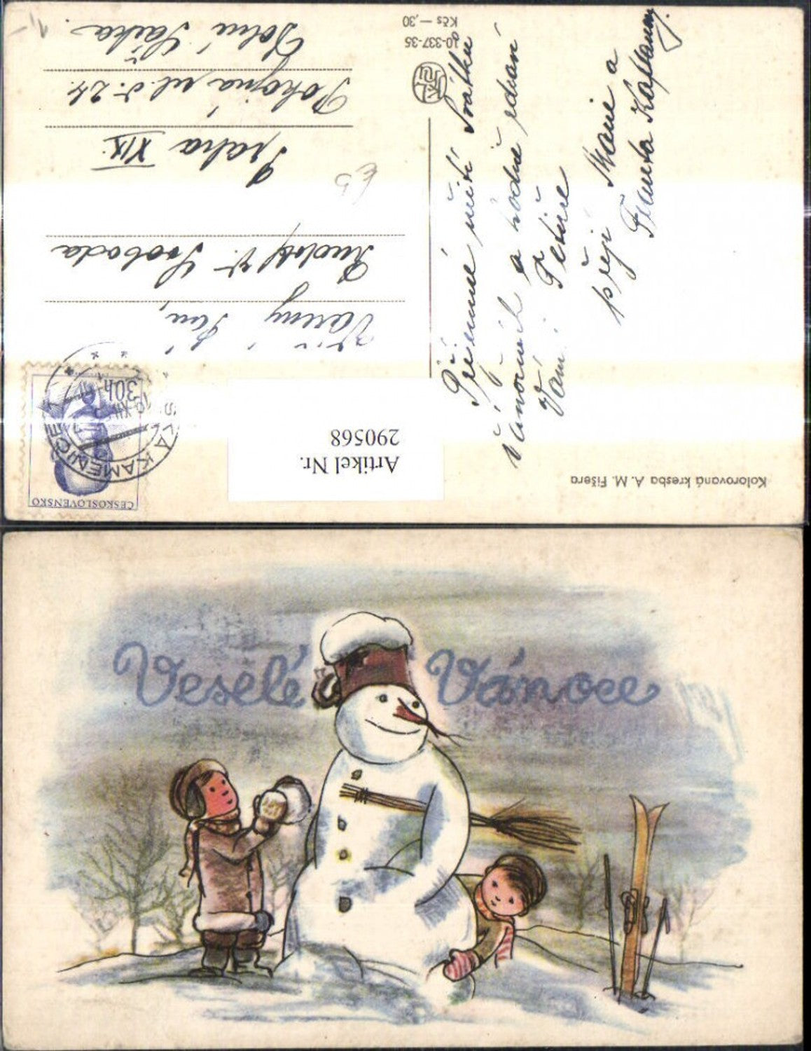 290568, Artist Ak AM Fisera Christmas Snowman Children Snowball Ski Ski Vesele Vanoce