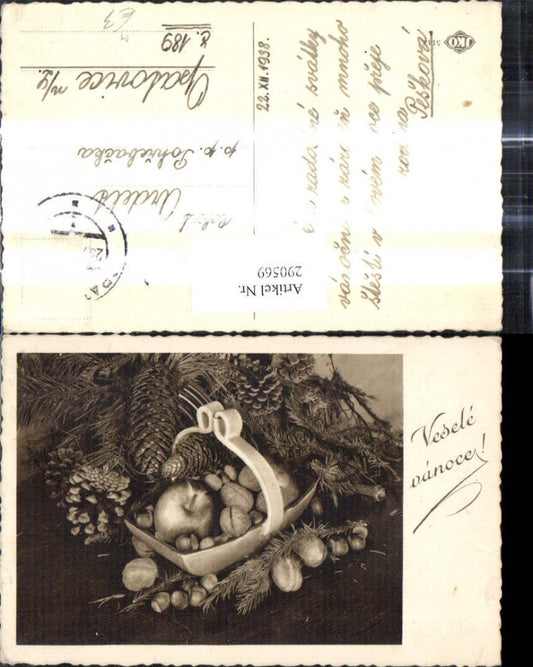 290569, Christmas basket with nuts, apple, fir branch, pine cone, Vesele vanoce