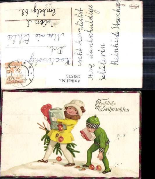 290573, Artist Ak Christmas Children with packages, apples, fir branches on string