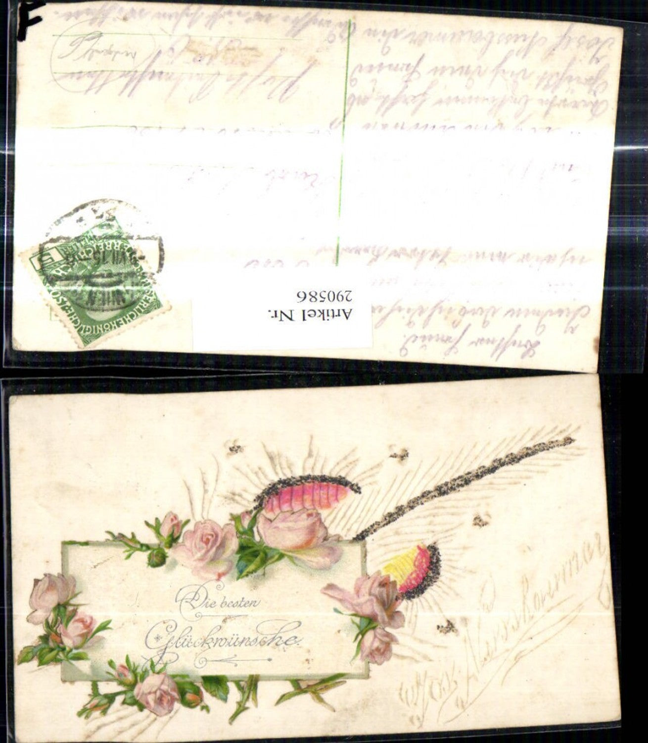 290586, Relief card, hand-painted roses and flowers, best wishes