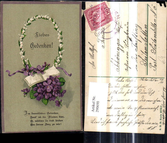 290690,Liebes Gedenken Text Spruch Zitat Aufgeschlagenes Buch Blumen Veilchen Maiglöckchen