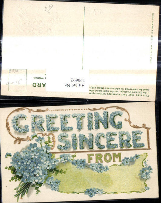 290692,Präge Litho Greeting Sincere Blumen Buchstaben Vergissmeinnicht Spruch Zitat