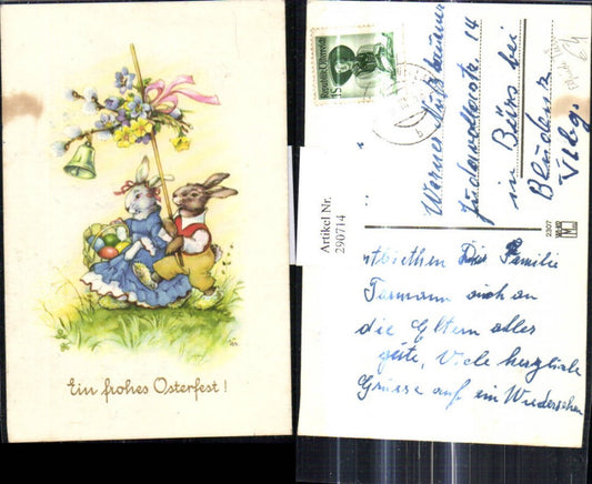 290714,Künstler Ak Elfriede Türr Ostern Hasenpaar vermenschlicht Korb Ostereier Eier Glocke Blumen a. Stock