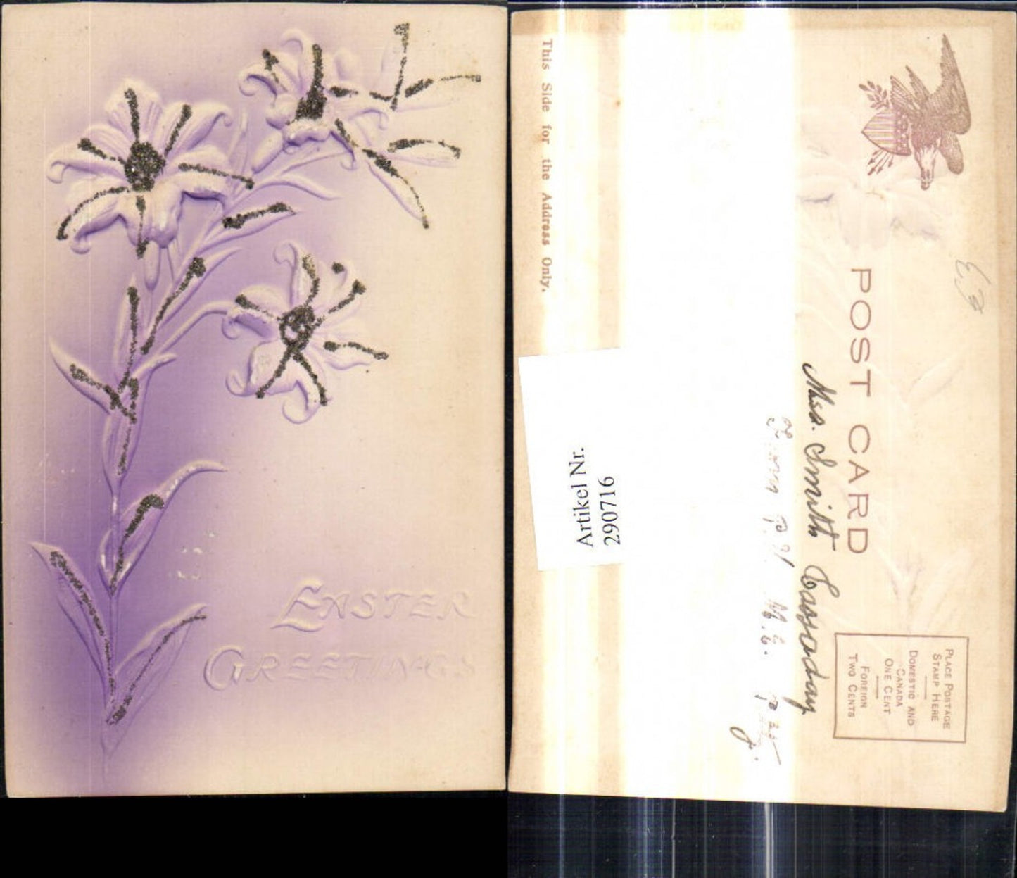 290716,Präge Ak Ostern Lilien Blumen Glitzerverzierung Easter Greetings